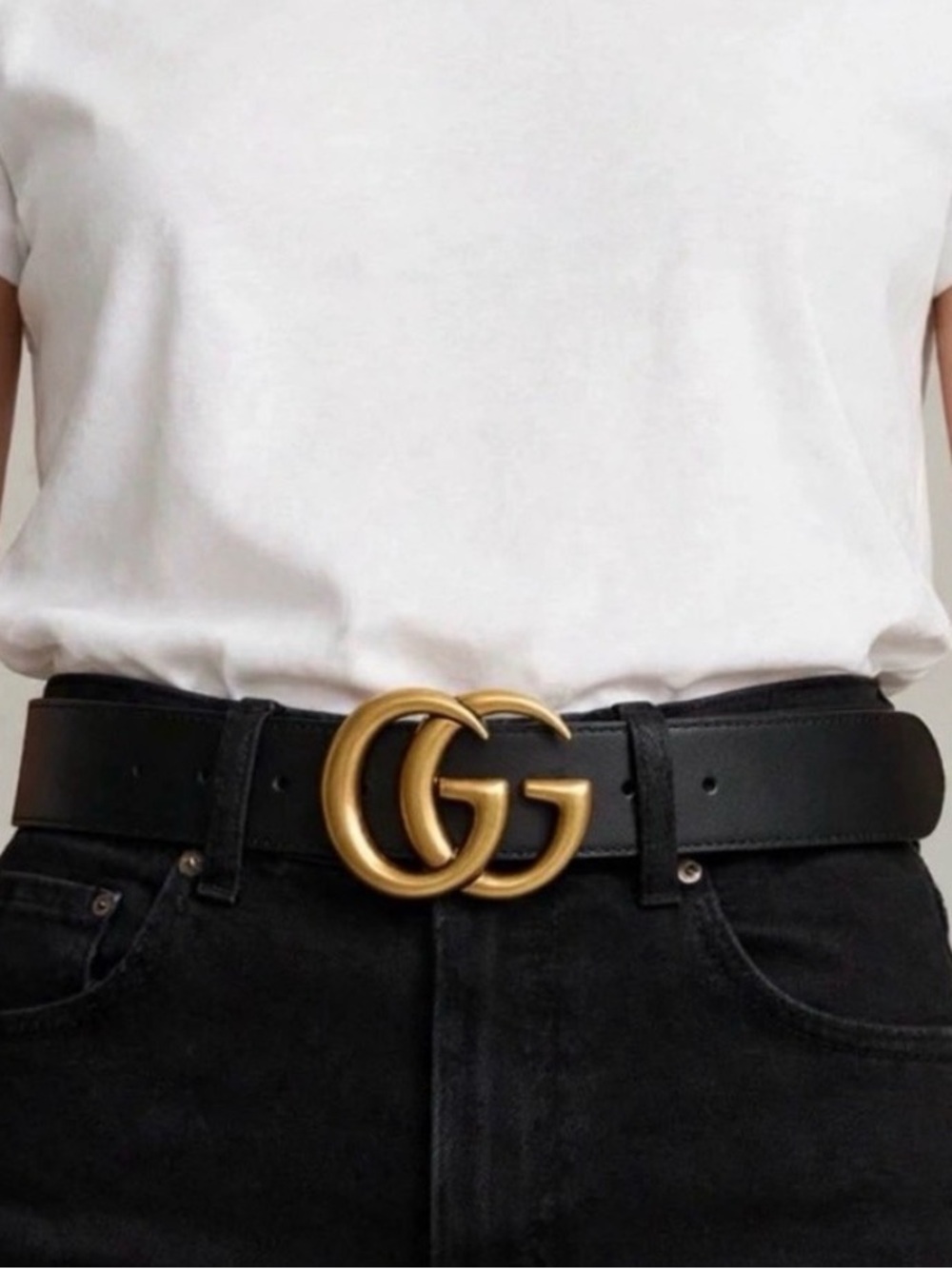 Authentic Gucci Black Leather Belt with Antique Gold Double G Logo